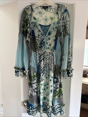 Petit Pois Blue-Green Floral V-Neck Long Sleeve Dress